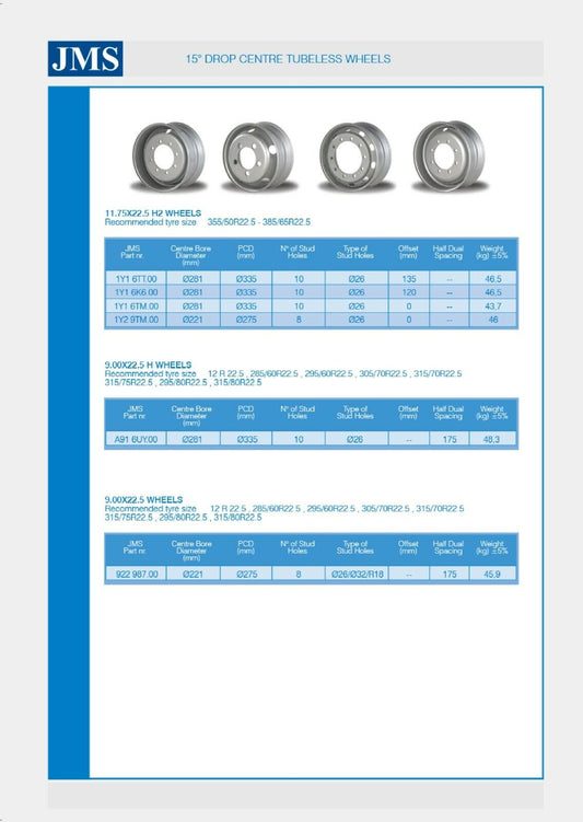 11,75" x 22,5" Çelik Kampana Jant Kamyon Tekerleği Lastiği PCD 335mm, 10 Saplama, Ofset 0mm - 6TM